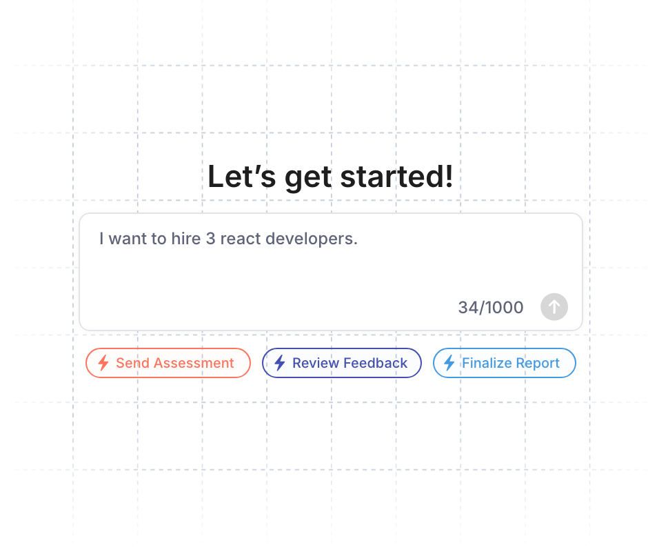 Mopid prompt box: “I want to hire 3 react developers” with quick-action chips