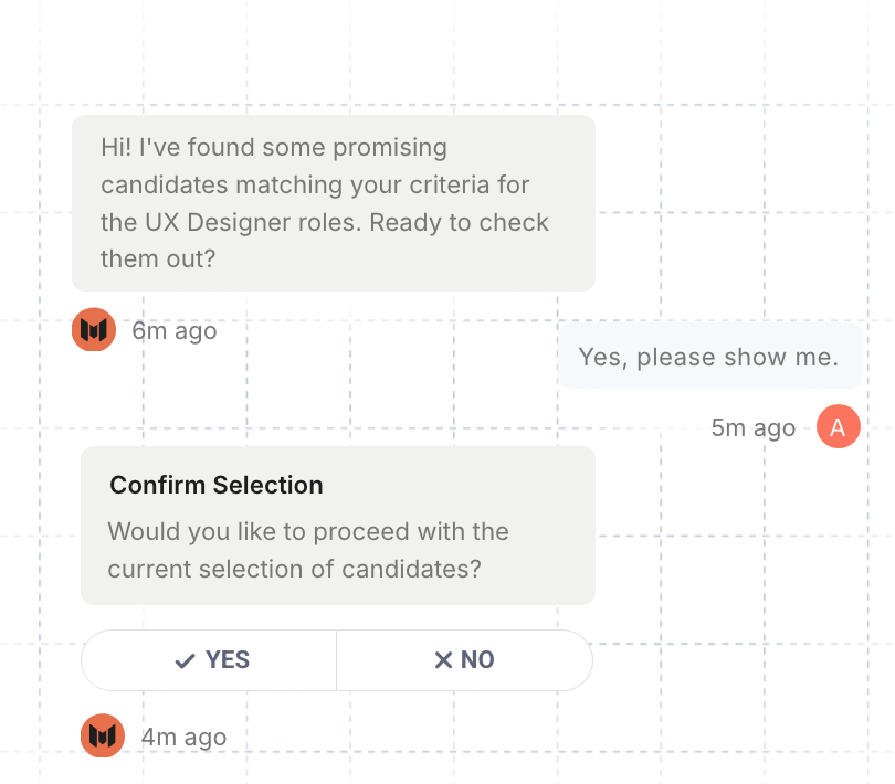 Mopid agent chat confirming a selection of recommended UX Designer candidates