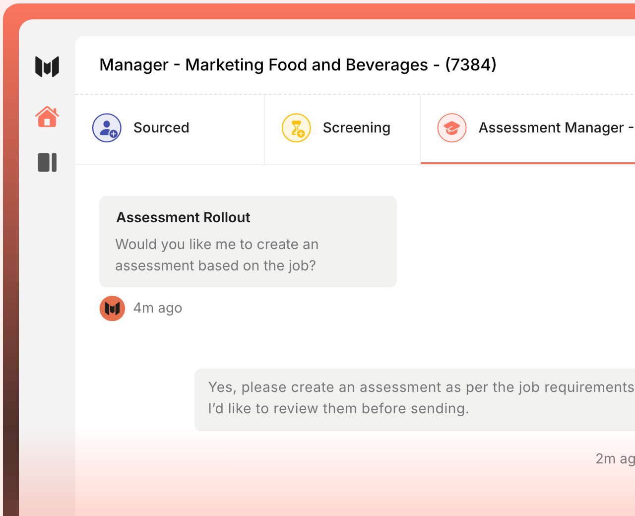Mopid agent chat showing an assessment rollout for a Marketing Manager role
