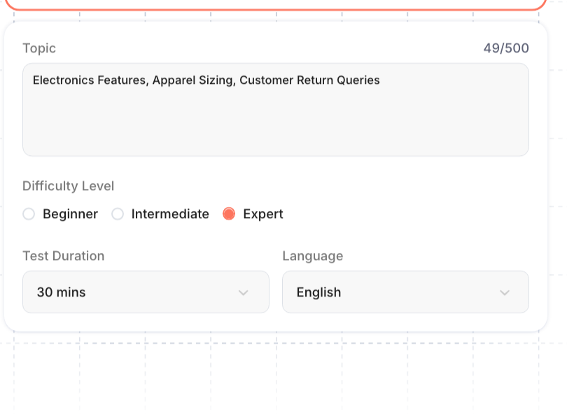 Create with AI assessment builder showing topic, difficulty level, test duration, and language fields