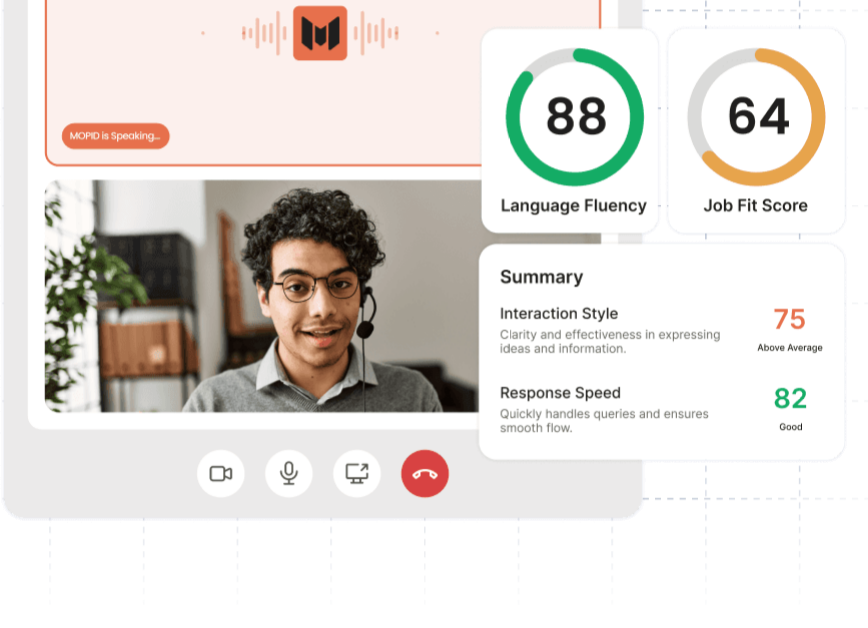 AI video interview in progress with live language fluency and job fit scores