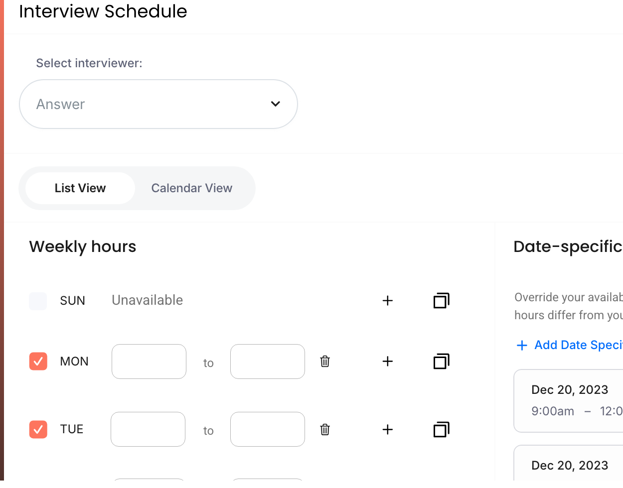 Mopid interview scheduling panel showing an interviewer's weekly availability hours
