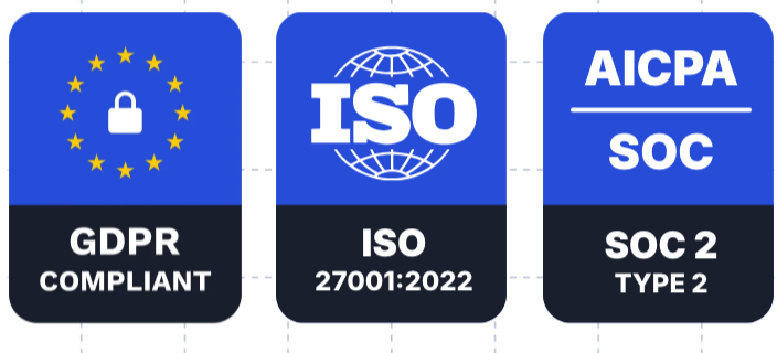 GDPR Compliant, ISO 27001:2022, and SOC 2 Type 2 certification badges
