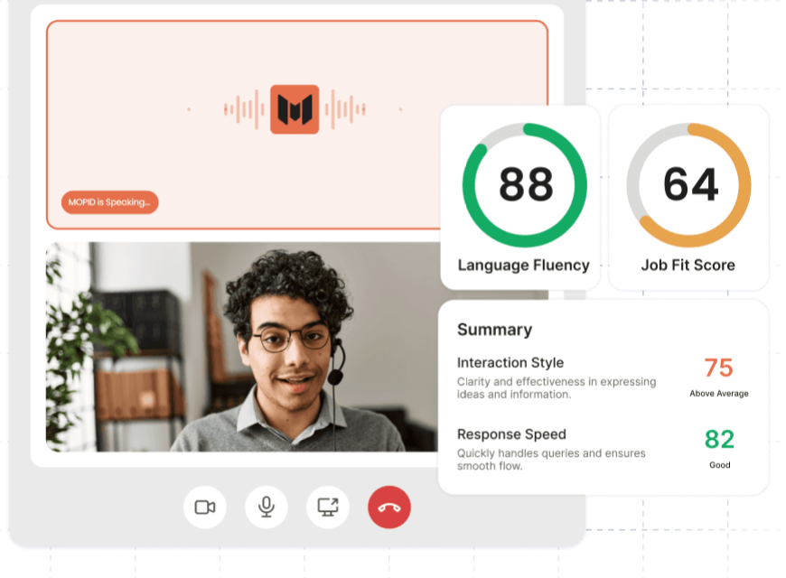 AI video interview in progress with live language fluency and job fit scores
