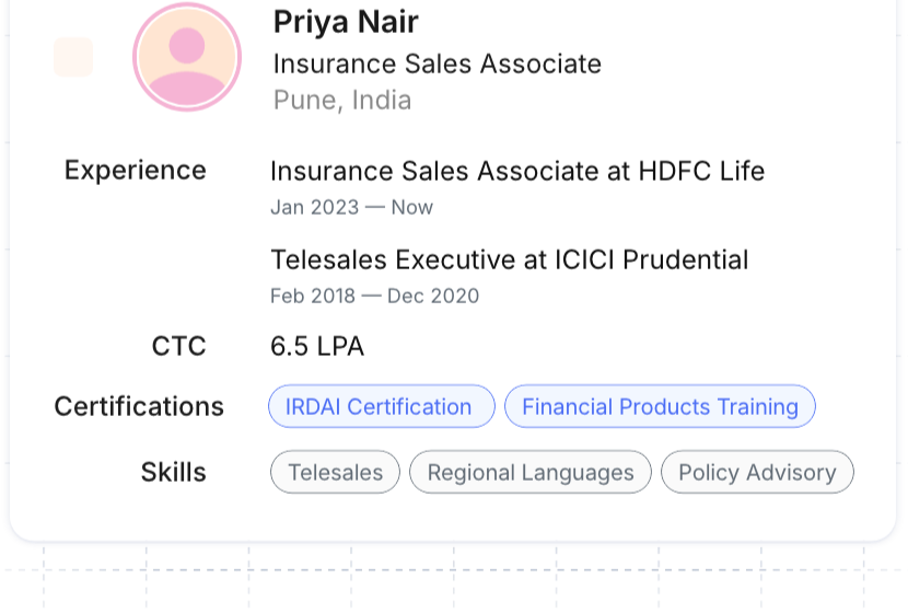 Candidate profile card for Priya Nair, an Insurance Sales Associate, with certifications and skills
