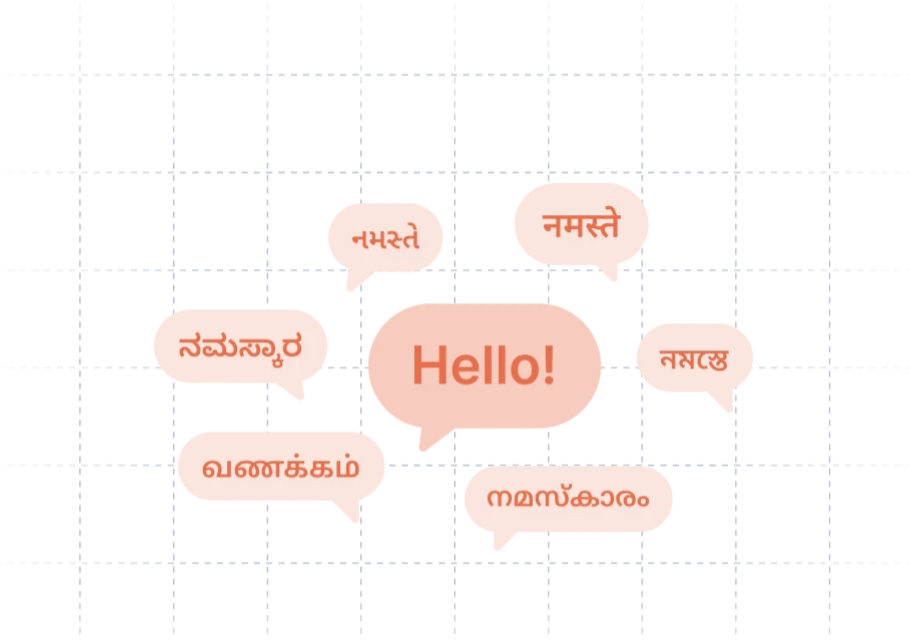 Chat bubbles greeting 'Hello!' in multiple regional Indian languages