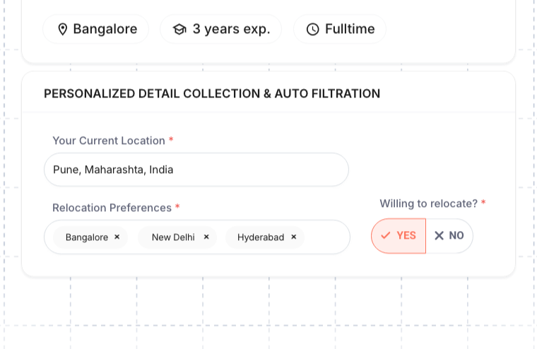Personalized detail collection form asking a candidate about location and relocation preferences