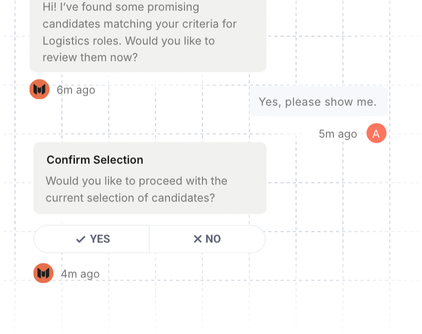 Mopid agent chat confirming a selection of recommended logistics role candidates