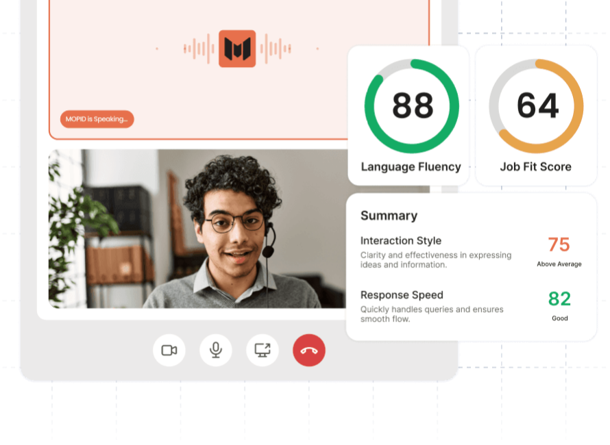 AI video interview in progress with live language fluency and job fit scores