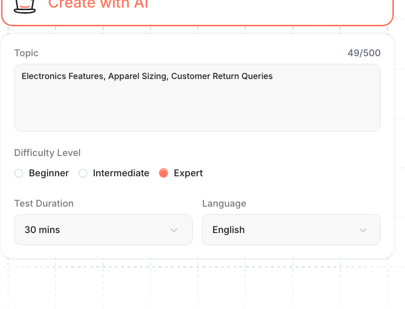 Create with AI assessment builder showing topic, difficulty level, test duration, and language fields